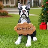 Viinecha Adorable Boston Terrier Dog Sculpture with Solar Lantern & Double-Sided 'On Patrol' and 'Welcome' Signposts – Playful Outdoor Resin Statue for Garden, Yard, Patio