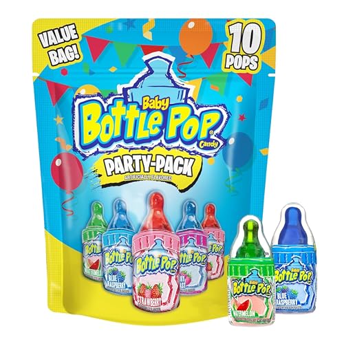 Baby Bottle Pop Candy Lollipops Variety Pack - 10 Ct Individually Wrapped Suckers with Powdered Dip - Assorted Bulk Candy for Kids Party Favors, Goodie Bags, Baby Shower & Gender Reveal