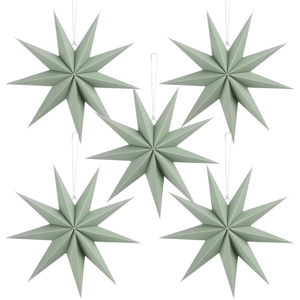 Vjsujehgy Christmas Party Decorations 12 Inches 5 PCS Sage Green Paper Star Lanterns Hanging Stars