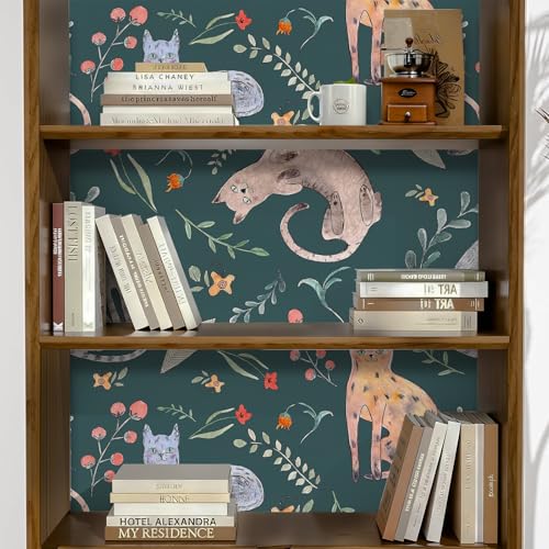 Cat Animals Wallpaper Peel and Stick Watercolor Whimsical Green Cute Children Botanical Leaf Self Adhesive Removable Waterproof Wallpaper Contact Paper for Bedroom Renter Friendly 17.71"x236.2" — view 5