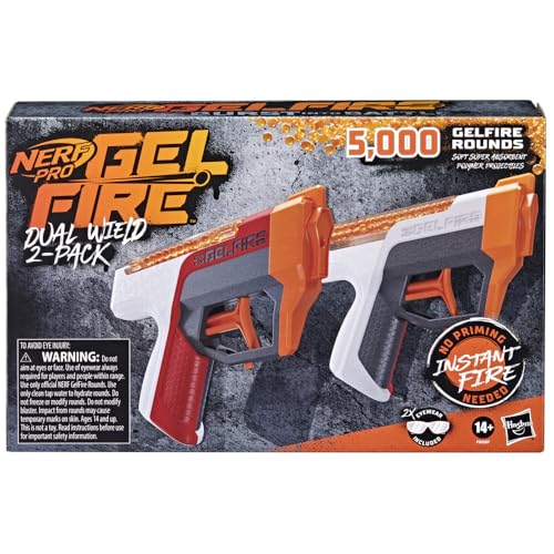 Image of Nerf Pro Gelfire Dual Wield Pack, 2 Blasters, No-Prime Firing, 5000 Gelfire Rounds, 2X 100 Round Integrated Hoppers, 2 Eyewear, Ages 14 Up