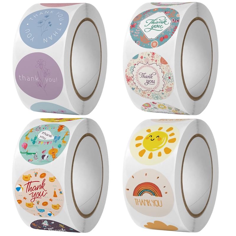 Thank You Small Stickers Rolls, 2000Pcs 1 Inch Thank You for Supporting My Small Business Envelope Seals, 4 Rolls 20 Patterns for Wedding, Birthday,