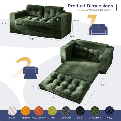 Image of MAXYOYO Convertible Sofa Bed, Pull Out Loveseat Sofa Couch, 2 in 1 Folding Couch Bed, Fold Out Floor Couch with Pillows for Living Room Bedroom Lounge, Dark Green