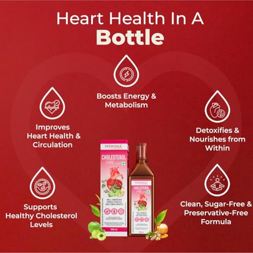 Image of Patanjali Cholesterol Care Liquid | Heart Health Supplement with Amla, L-Carnitine & Garlic | Plant-Based & Vegetarian | 500ml (Pack of 5)