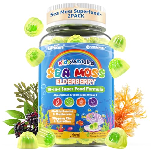 Image of 2pack Sea Moss Gummies for Kids & Adults, 19-IN-1 Super Food with Elderberry, Spirulina, Algae Omega 3, Algae Calcium, Ashwagandha, Mushroom, Vitamins D3, C for Immune, Gut, Bone, Energy, Brain, Vegan