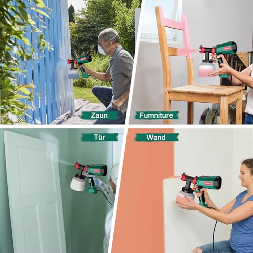 HYCHIKA 600W Farbsprühsystem, 1200ML HVLP Farbsprühgerät, 3 Sprühmuster, 4 Düsen und 2 Reinigungswerkzeuge, Verstellbarem Farbfluss Farbspritzpistole für Wand und Holz, Metalle