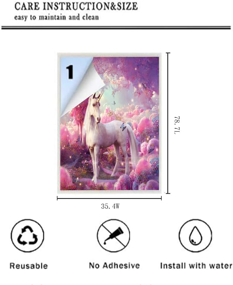 Brebasf Watercolor Forest Wildlife Design Window FilmFantasy Pink Art Clouds Cute Magic Garden Unicorn Butterfly Suitable for Living Room,Kitchen,Bathroom-35.4W x78.7L in x1Pcs
