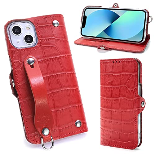 EFGS iPhone15と互換性のある 手帳型 ケース エンボスクロコ レッド MSポケット 【左開き】 iPhone15対応ケース TPU 栃木レザー 革 本革 日本製 リッキーズ