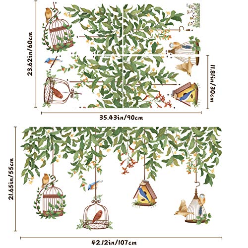 Flower Vine Tree Branch Wall Decals With Birdcage, Colorful Birds Green Plants Wall Stickers, Flowers Flying Bird Diy Art Murals For Bedroom Living Room Kids Rooms Nursery Wall Décor #TOP1