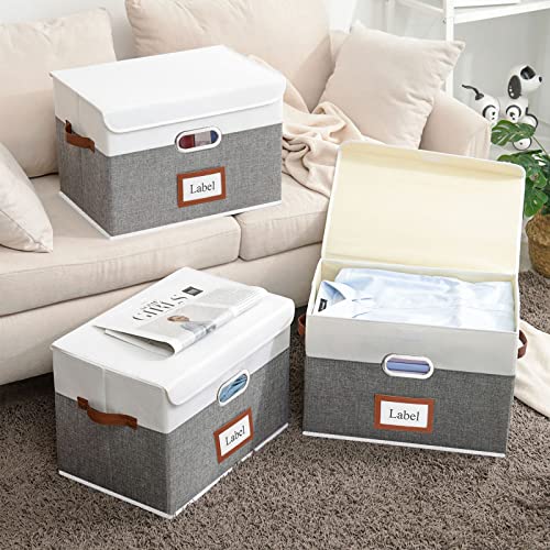 Yawinhe Storage Boxes With Lids, 4-Pack Storage Baskets For Shelf, 15 X 9.84 X 9.84 Inch, Fabric Storage Bins Organizer Containers With Dual Leather Handles For Home Bedroom Closet Office ,White/Grey #TOP3