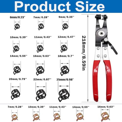 Image of Tnisesm 210Pcs 6-25mm Spring Band Hose Clamps Assortment kits with Swivel Flat Hose Clamp Plier, Spring Band Type Fuel Line Silicone Vacuum Hose Steel Clamp,Low Pressure Air Clip Clamp