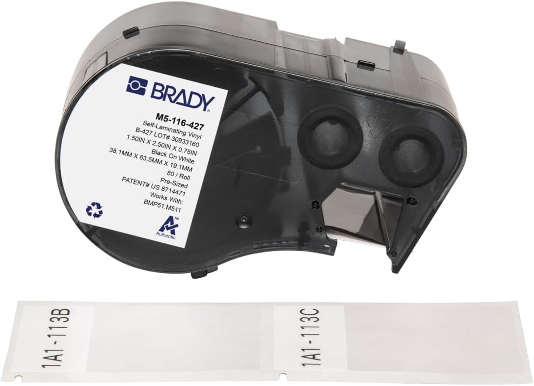 Brady Selbstlaminierendes Vinyl-Vorgefertigte Etiketten für Etikettendrucker BMP51/BMP53/M511-80 Klebeetiketten - Schwarz auf Weiß, Transparent (38,10 mm (B) x 63,50 mm (H)) - M5-116-427