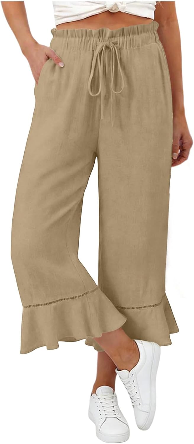Capri Pants for Women Wide Leg Summer Capris Pant Ruffle Hem Palazzo Loose Fit Casual Trendy Trousers with Pockets