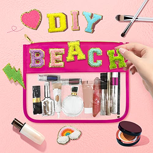 Lokfar Nylon Makeup Bag Diy Chenille Letter Clear Travel Zipper Pouch, Preppy Makeup Bag Clear Cosmetic Bag, Water-Proof Makeup Travel Pouch Snack Bags For Women Girls (Rose Red) #TOP2