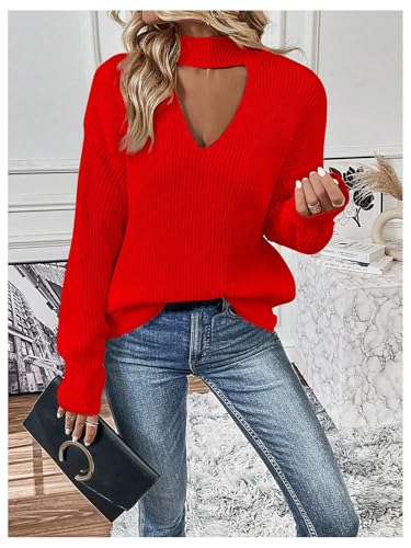Image of GORGLITTER Women's Cut Out Oversized Lighweight Sweater V Neck Long Sleeve Sexy Trendy 2025 Fall Pullover Tops Red Large