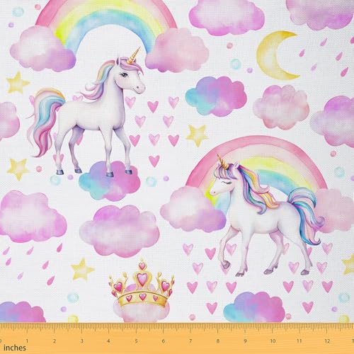 Dreamy Unicorn Fabric by The Yard,Girly Pink Starry Sky Clouds Stars Soft Flannel Polyester Fabric,Princess Crown Rainbow Print Fabric,Watercolor Sky Graffiti Sewing Supplies,1 Yard,36 L x 59 W
