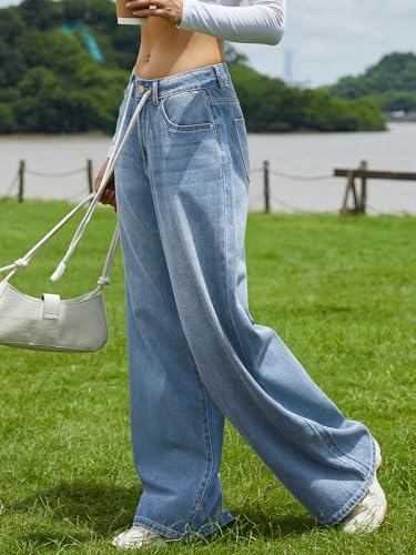 ELLEVEN Women’s Low Rise Baggy Jeans, Casual Drawstring Wide Leg Denim Pants with Pockets2