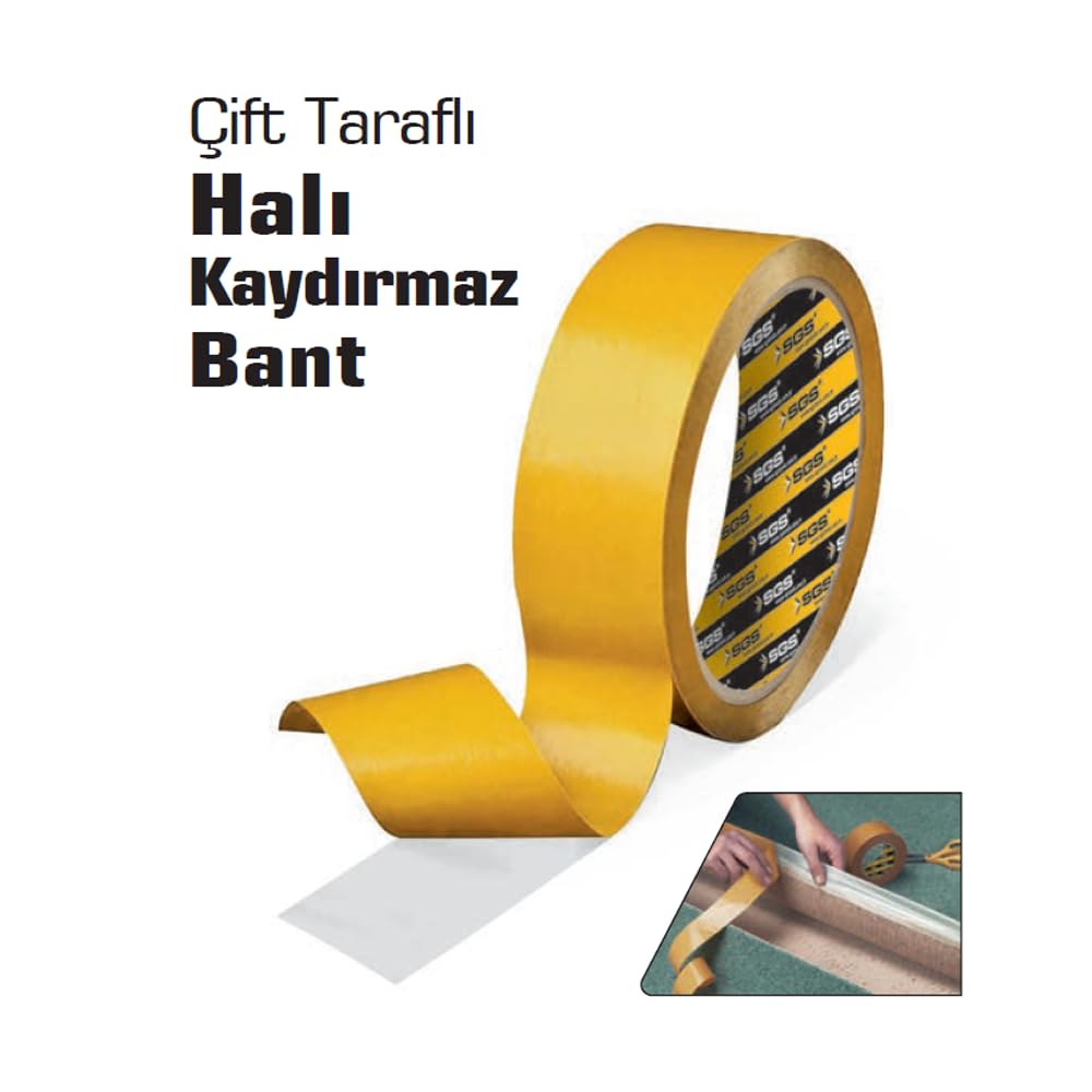 GüncelÇarşı Çift Taraflı Halı Kaydırmaz Bant, Kuvvetli Yapıştırma,%100 Kalite, 10 Metre (24 MM)