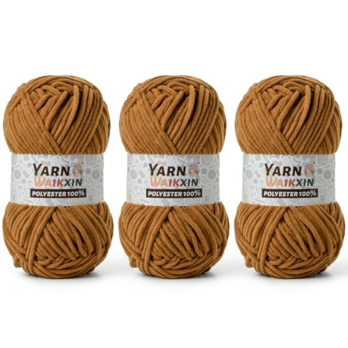 Image of 3 Pack Soft Chenille Yarn for Crocheting, Fluffy Chunky Crochet Yarn for Baby Blanket, (5.29oz /196.8yds) Fuzzy Velvet Yarn for Amigurumi&DIY Puzzle、Crafts、Scarf(3 Light Tan)
