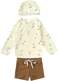 Bañador azul de tres piezas para niños Rashguard, traje de baño para niños, traje de baño con estampado floral para niños pequeños, bañador con gorro de natación ropa bebé