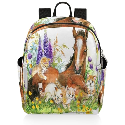 Mini Backpack Purse for Women Girls, Floral Horse Small Backpack Horse and Kitten Lightweight Casual Travel Bag Daypack for Teens Kids School Adult