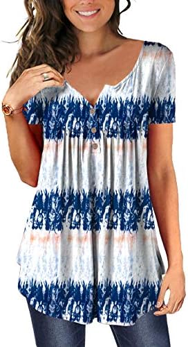 Women's Blouse Floral Printed Tunic Tops Shirts Flowy Scoop Neck Pleated Medium Blue