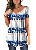 Women's Blouse Floral Printed Tunic Tops Shirts Flowy Scoop Neck Pleated Medium Blue