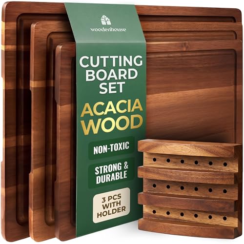 Acacia Wood Cutting Board Set of 3 with Holder, Juice Grooves & Built-in Handles - Durable, Wooden...