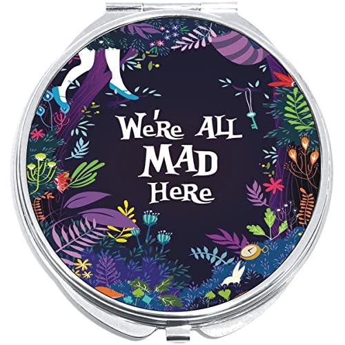 NewCharms We are All Mad Here Alice Wonderland Compact with Mirrors - Perfect Pocket and Purse Size Folding Mirror for Applying Make Up Anywhere