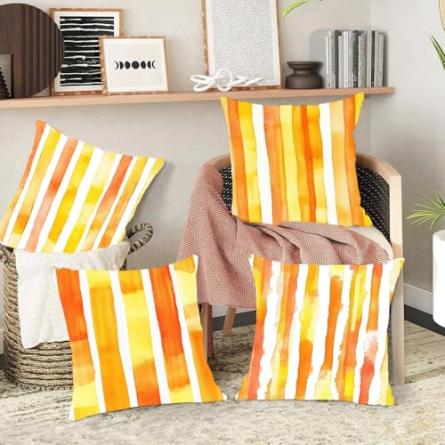 Kissenbezug 45 x 45 cm 4er Set Kissenbezug Orange Streifen Dekokissenbezug Sofakissenbezug Samt Dekorative Weich Zierkissenbezug Moderne Dekokissen Kissenhülle für Schlafzimmer, Sofa, Stuhl, Bett, g80 – Bild 4