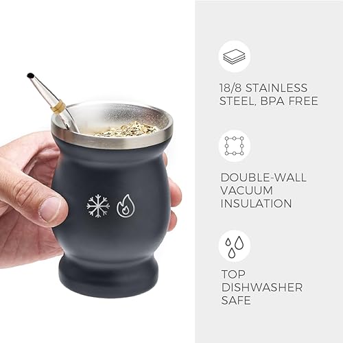 Miniatura 4 de BALIBETOV Juego de Taza Mate de Acero Inoxidable de Doble Pared y Bombilla - Set de Yerba Mate Incluye Una Taza de Yerba Mate, 2 Bombillas Mate