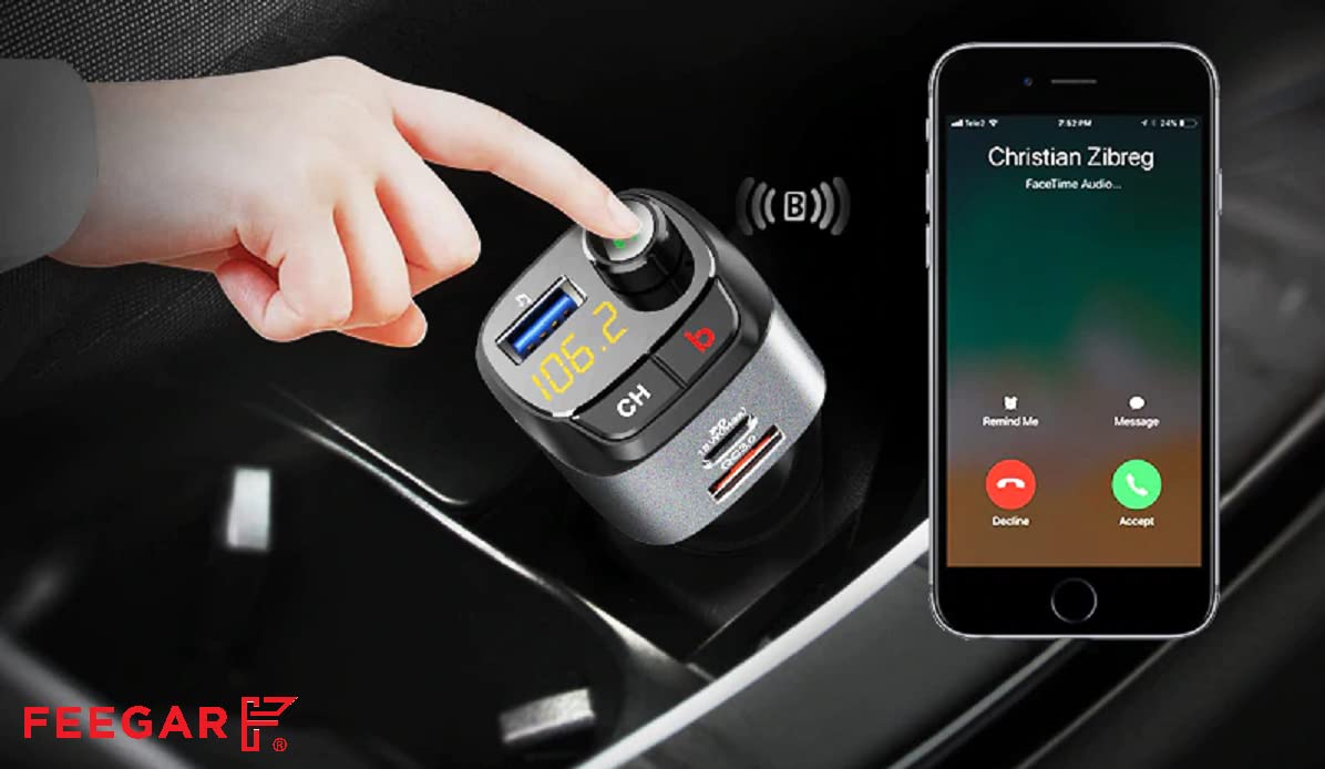 Feegar Q100 Pro Transmiter FM Bluetooth 5.0 zestaw głośnomówiący QC3.0 MP3 LED Ładowarka samochodowa USB 38W Mikrofon HD Przycisk B (Bass Boost Surround Effect) Typ C PD 3.0 / 4.0 Siri Assistant Pokazuje stan napięcie w aucie
