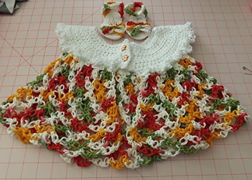 Hand Crocheted Baby Sweater, Dress, Topper, Red, Green, Orange, in Cotton, 0-6 Months