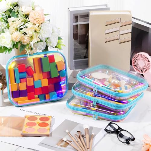 Image of Hoolerry 4 Pcs Hard Clear Zipper Case Makeup Bags Plastic Zipper Pouch Transparent Storage Box Containers for Cosmetics, Snacks, Building Blocks, Puzzles(Clear,9.8 x 7.9 x 2 in,Blue Laser)