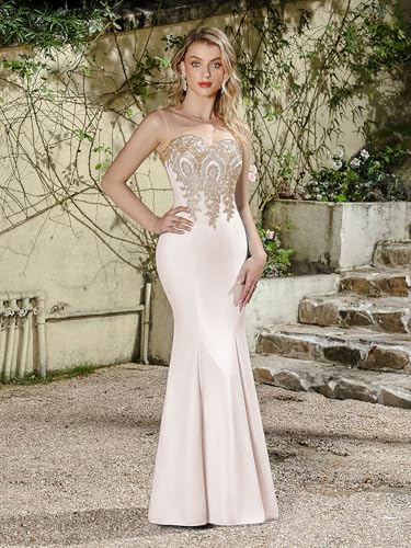 Image of Prom Dress for Women 2025 Gold Lace Applique Long Sheer Illusion Mermaid Formal Dresses Evening Gown