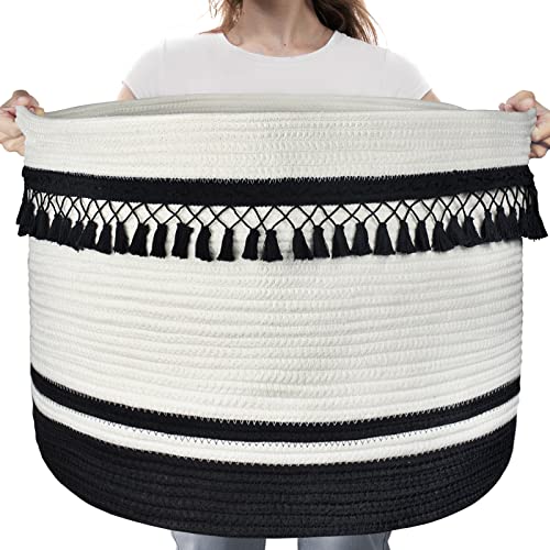Image of AELS XXXLarge 22"x22"x15" Rope Boho Decor Basket Woven Laundry Basket for Blankets Storage Basket Bathroom with Handle Farmhouse Comforter Cushions Storage Bins Thread Hamper-Black and White