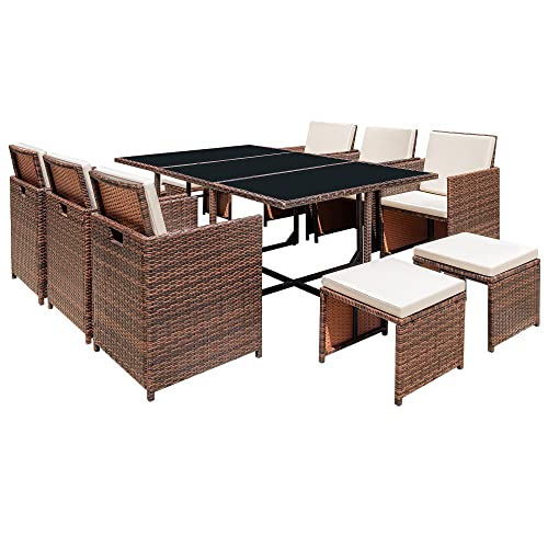 Homall 11 Pieces Patio Dining Sets Outdoor Furniture Patio Wicker Rattan Chairs And Tempered Glass Table Sectional Set Conversation Set Cushioned With Ottoman (Brown) #TOP17