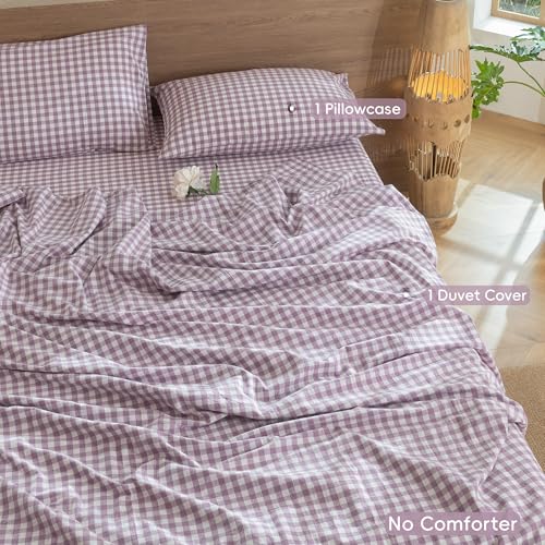 Image of MooMee Gingham Duvet Cover Set 100% Washed Cotton Linen Like Textured Breathable Durable Soft Comfy Modern Checkered Design (Classic Gingham Light Purple, Twin 68 inchx90 inch)