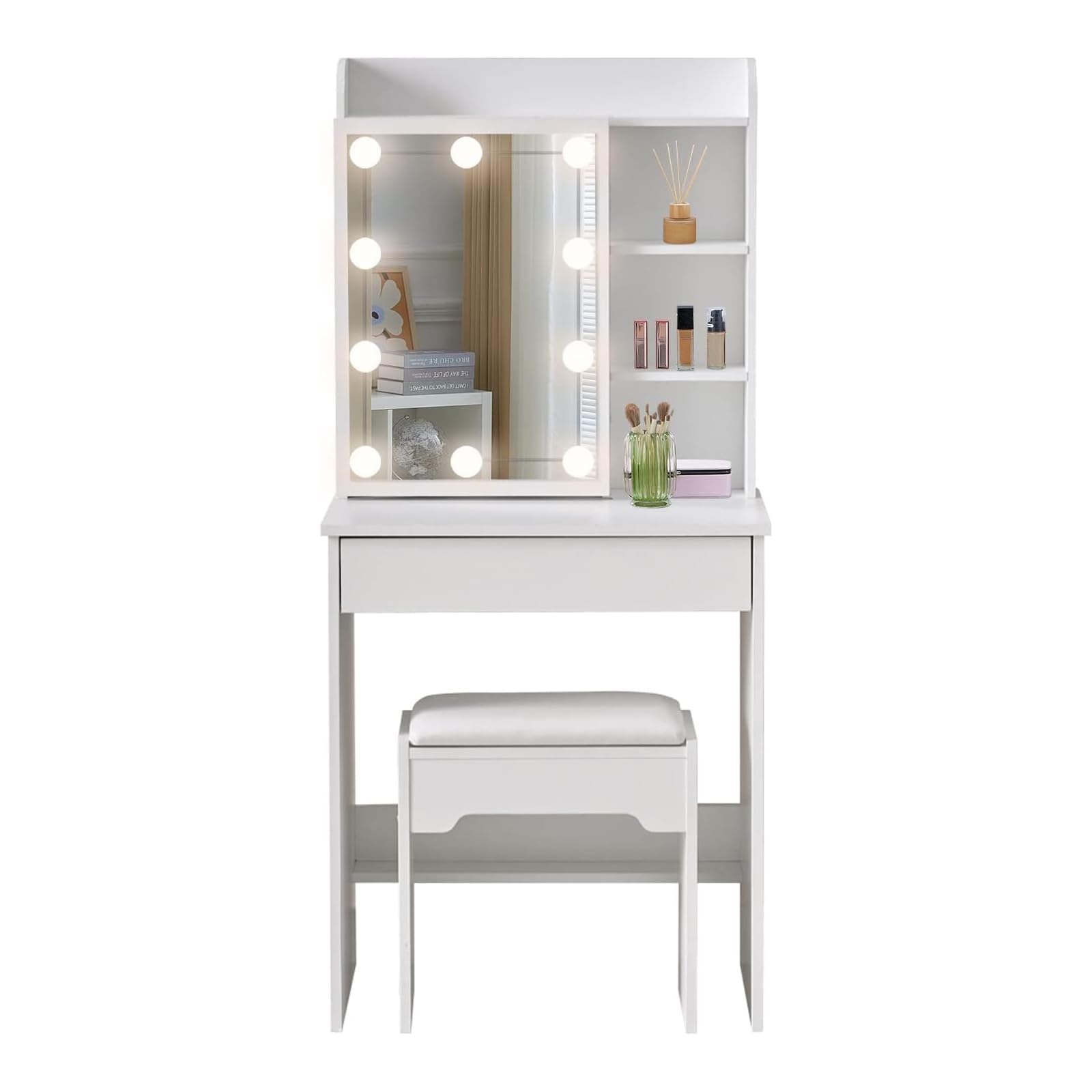 LEMROE Tocador Hollywood con Espejo LED y Taburete, Mesa de Maquillaje Blanca con 7 Estantes y 1 Cajón