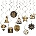 Happy 15th Birthday Hanging Swirls Streams Ceiling Decorations, Celebration 15 Foil Hanging Swirls with Cutouts for 15 Years Old Black and Gold Birthday Party Decorations Supplies
