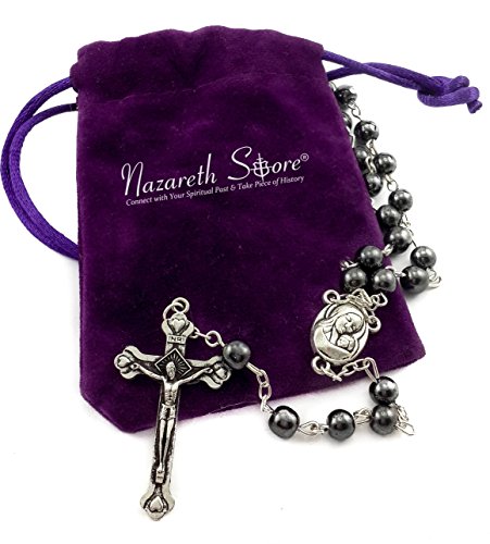 Nazareth Store unisex-adult Hematite Rosary Black Stone Beads Necklace with Jerusalem Holy Soil & Cross Antique Religious Rosaries Beads Collection4