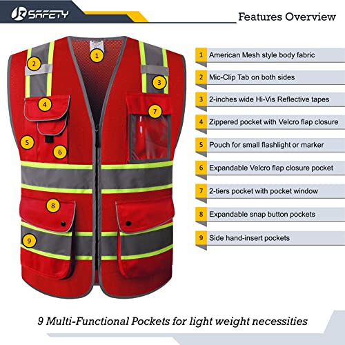 Image of JKSafety 9 Pockets Hi-Vis Neon Red Zipper Front MESH Safety Vest with Fluorescent Yellow Extend Edge outlining the Reflective Tapes Meet ANSI /ISEA Standard (100-Red, 4X-Large)