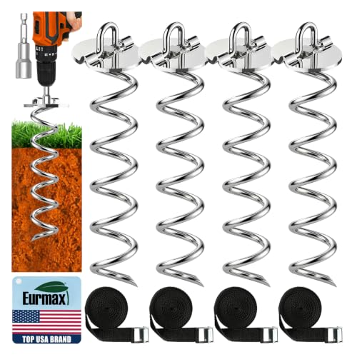 Image of Eurmax USA 4-Pack Spiral Ground Stakes,Anti-Rust High Wind Trampoline Stakes Anchors,Heavy Duty Screw-In Anchor Kit with Tie Down Straps for Dog Tie-out,Trampoline,Tents,Tarps,Carports and more,Silver
