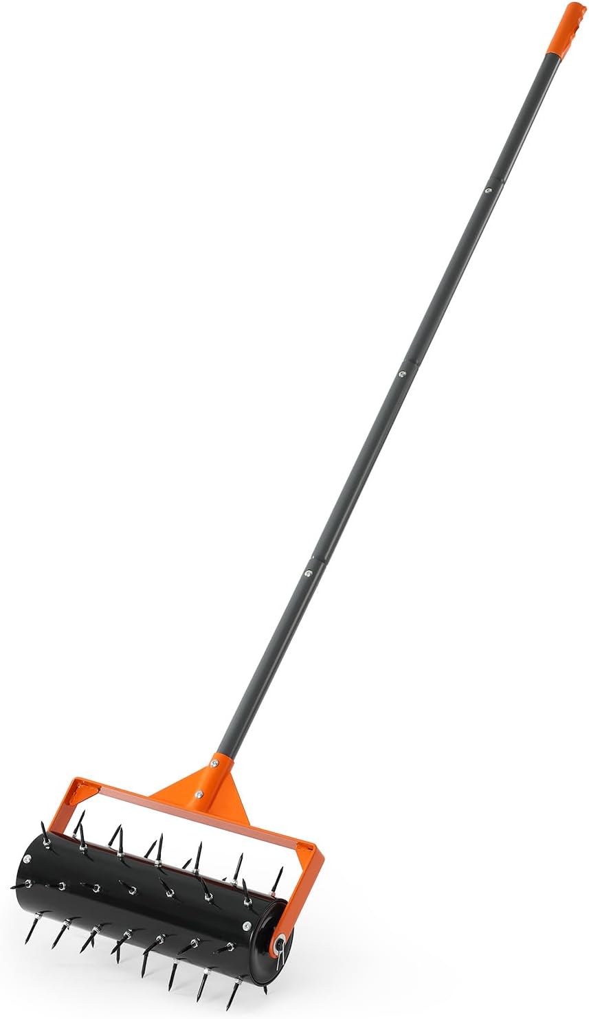 VEVOR Rolling Lawn Aerator, 15 in Manual Push Aerator Roller with 42 Spikes & 60 in Long Handle, Fillable Drum for Added Weight, Heavy-Duty Lawn Soil Penetrator for Garden Yard Compacted Soils