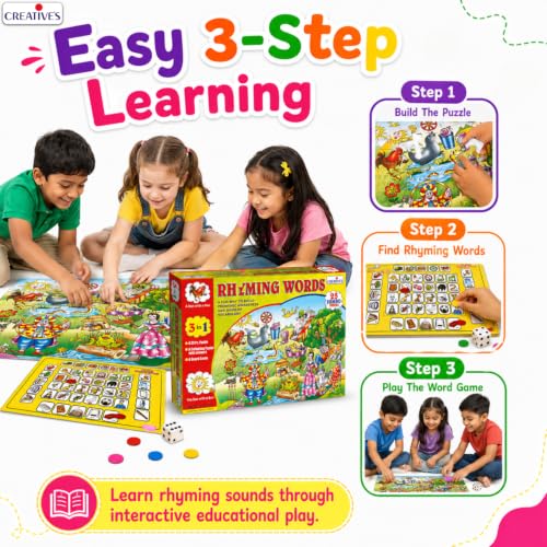 Image of Creative's Rhyming Words 3-in-1, Phonemic Awareness Game, 25 Jumbo Puzzle 24 Pairs Colouring Poster Board Game Dice, Early Reading, Vocabulary Spelling Skills Language Educational Games, Ages 5 & Up