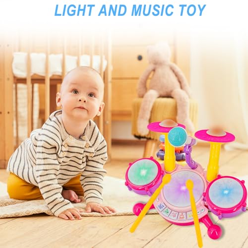 Image of Pink Drum Set for Girls - Kids Musical Instrument Kit | Pink Drum Set for Girls, Kids Musical Instrument Kit, Electronic Drum Toy for Ages 18 Months and Up