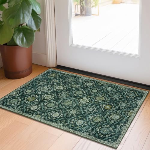 KILOCOCO 2x3 Small Area Rug, Moroccan Super Soft Entryway Rugs Indoor Vintage Washable Rug Non-Slip Indoor Door Mat, Accent Print Faux Wool Throw Rug for Kitchen Bedroom Entrance, Dark Green