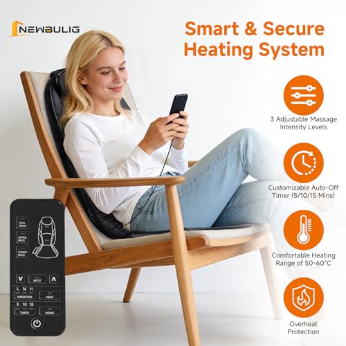 Image of NEWBULIG Massage Chair Pad, Back Massager Seat Cushion with 4 Kneading Nodes & 3-Level Vibration, Shiatsu Deep Tissue Massager for Office Home Use, Grey