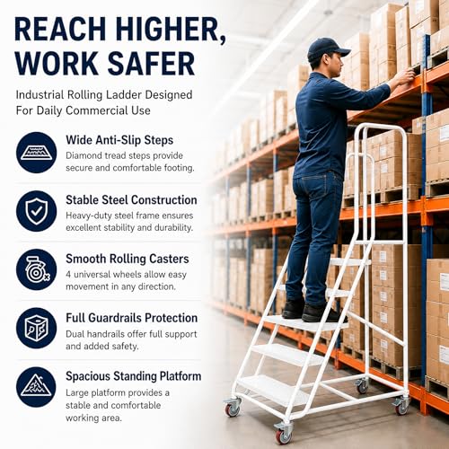 Image of 6 Step Rolling Ladder with Handrails, 880 lbs Capacity Heavy Duty Steel Mobile Warehouse Ladder with Locking Wheels, Non-Slip Rolling Stairs with Large Platform for Garage, Stockroom, Library