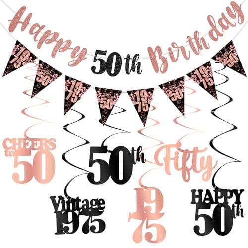 50th Birthday Decorations for Women, Black Rose Gold Happy 50th Birthday Banner Hanging Swirls Vintage 1975 Decorations Kit Cheers to 50 Party Supplies